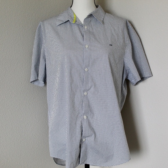 White & Navy Blue Polka Dot Short Sleeve Button Down Shirt - Picture 1 of 9